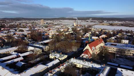 quaint snow covered apartment roof tops of suburban scandinavian town in sweden, aerial establish