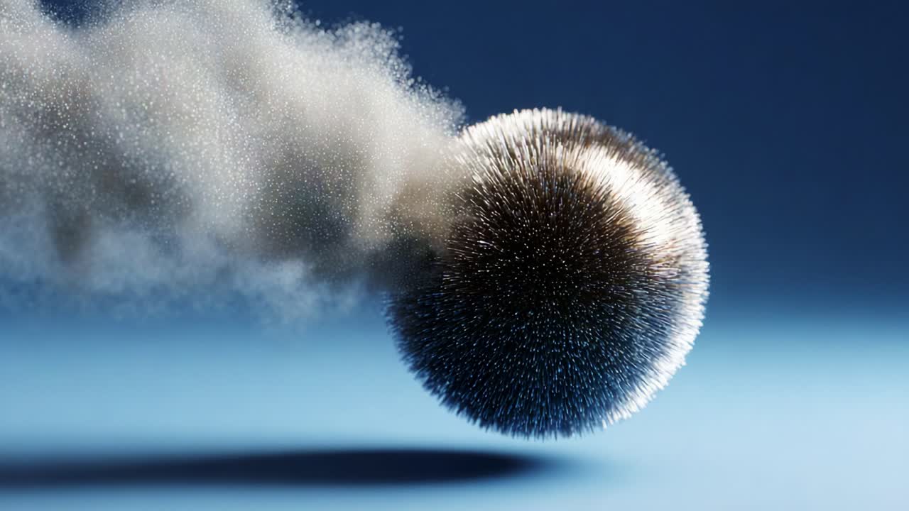 A mesmerizing visualization of a metallic sphere emitting a cloud of fine particles, creating a dynamic interplay of motion, texture, and light in a captivating blue backdrop