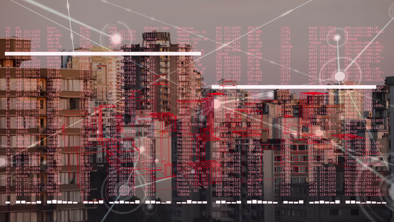 animación del procesamiento de datos con una red de conexiones sobre el paisaje urbano