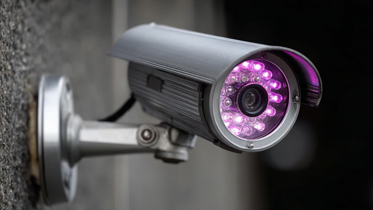High-Resolution Surveillance Camera with Purple LED Lights Installed on a Wall, Enhancing Security Monitoring and Night Vision Capabilities for Enhanced Safety