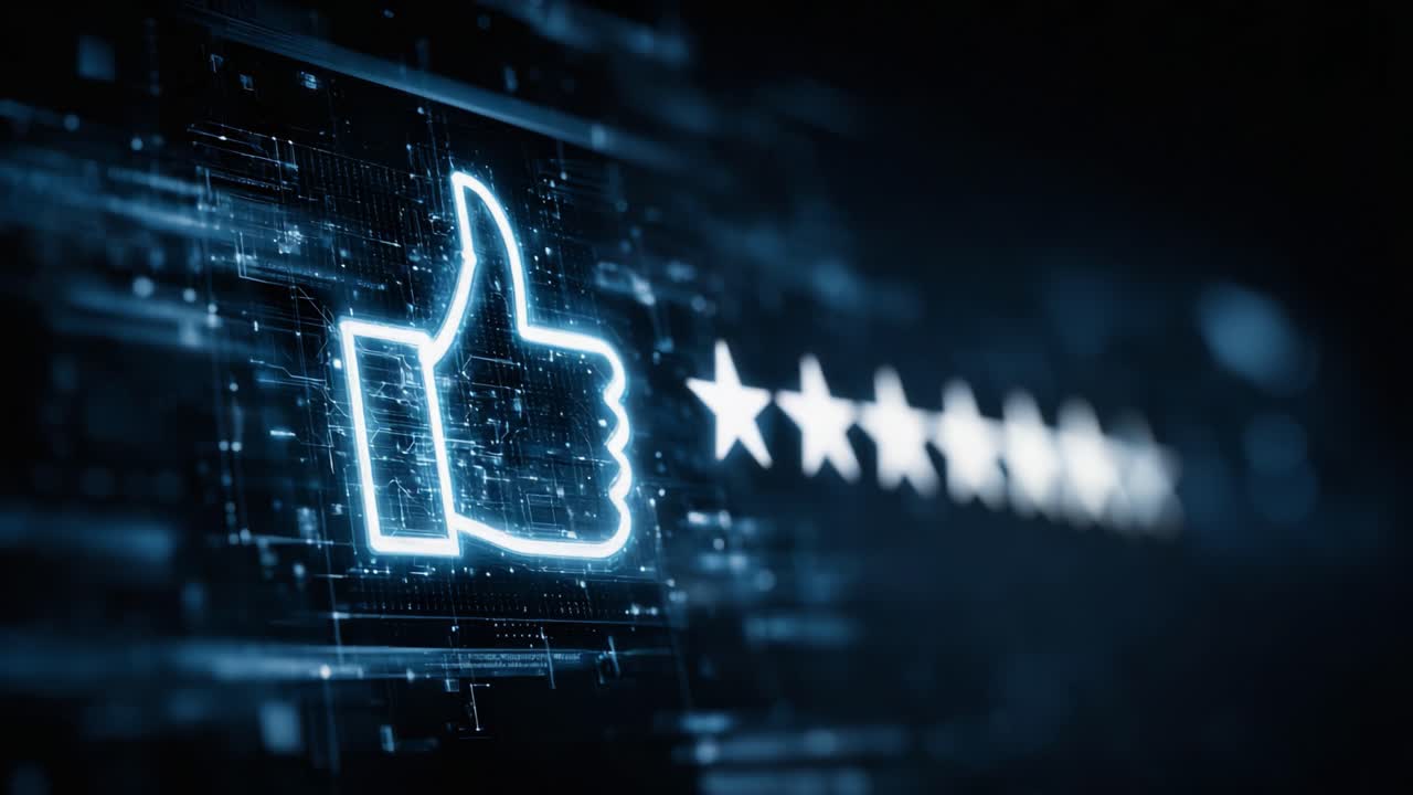 Digital Thumbs Up: A Symbol of Approval in a Data-Driven World Showcasing User Feedback with Five-Star Ratings in Futuristic Design
