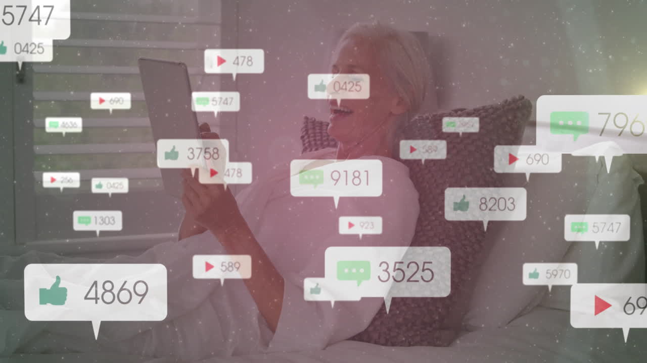 Using tablet, elderly woman receiving social media notifications in animation