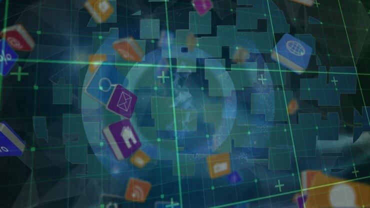Animation of digital icons and data processing over screens and grid background