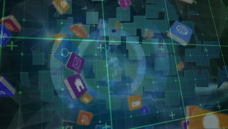 animación de iconos digitales y procesamiento de datos en pantallas y fondo de cuadrícula