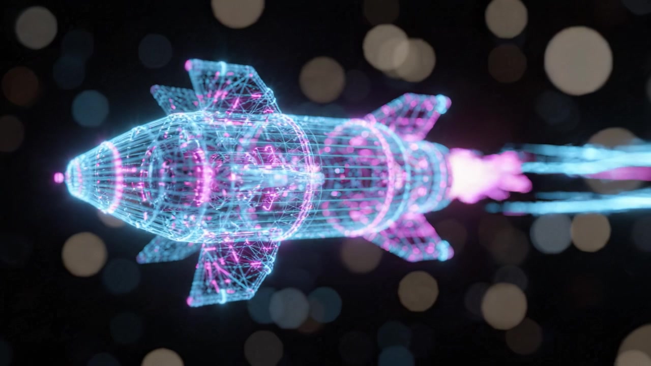 A Futuristic Concept of Rocket Launch and Flight Visualization with Neon Effects and Dynamic Motion Graphics in a Dark Background