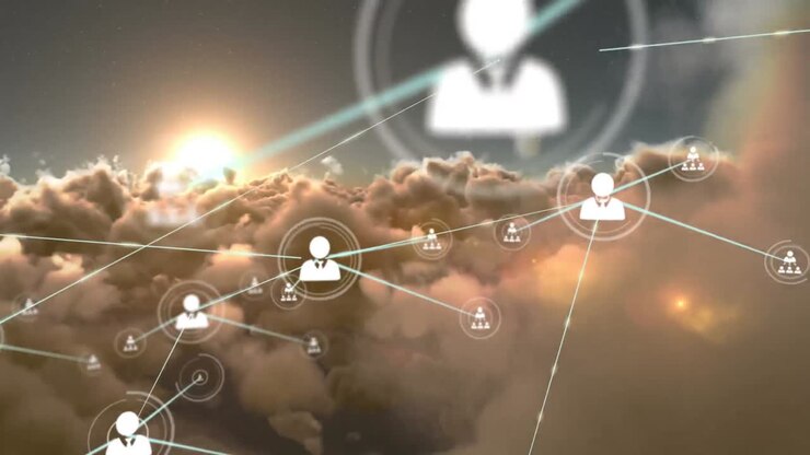 Animation of networks of connections with icons over clouds and sky