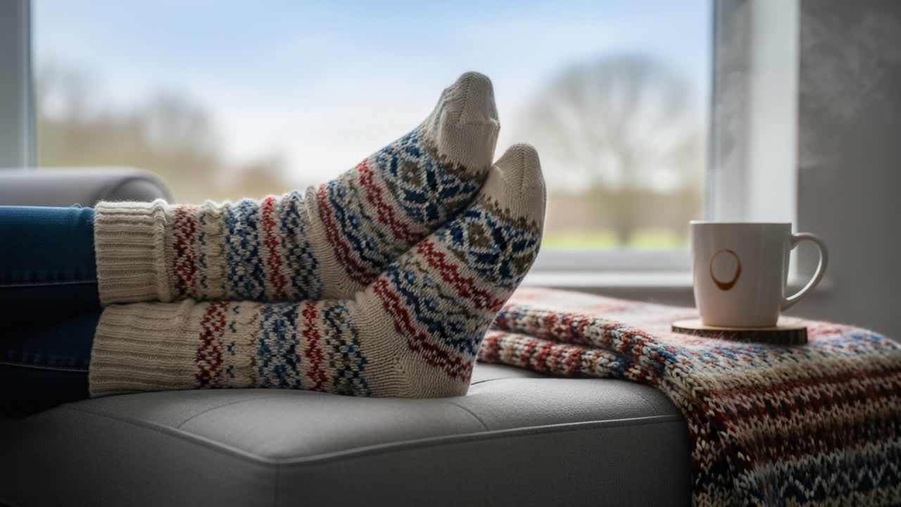 Cozy Comfort in Winter: A Relaxing Scene with Warm Socks, a Hot Beverage, and a Knit Blanket by the Window on a Chilly Day