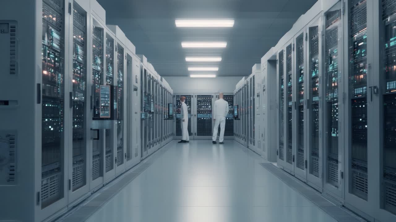 På opdagelse i et højteknologisk serverrum: Teknikere i beskyttelsesudstyr vedligeholder og overvåger avancerede datasystemer for optimal ydeevne og sikkerhed