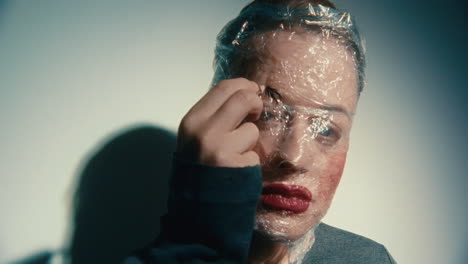 woman with plastic wrap mask