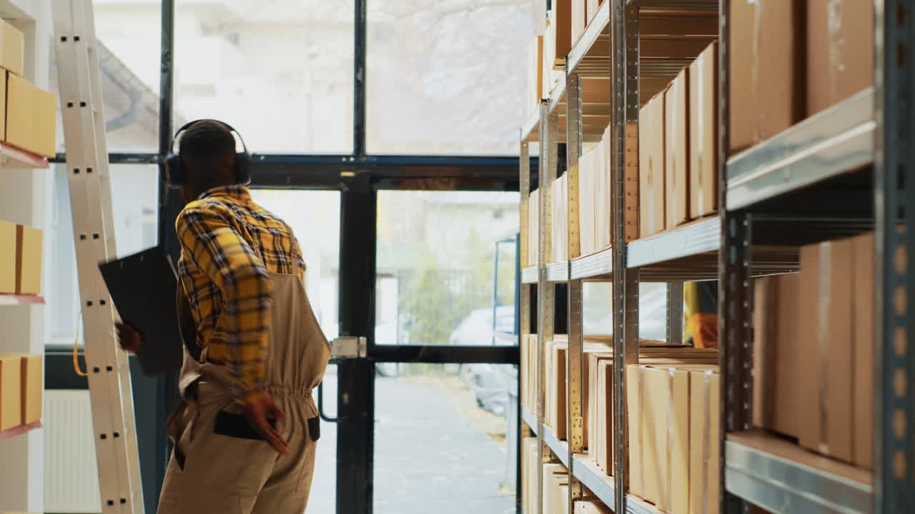 Warehouse workers with boxes and storage shelves
