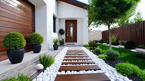 a walkway leads to a white house with a wooden walkway in the middle of it