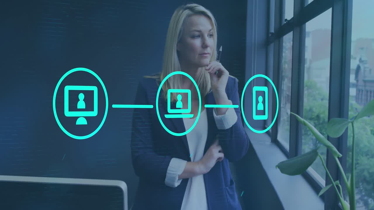 animación de una red de iconos digitales sobre una mujer caucásica pensativa mirando por la ventana en la oficina