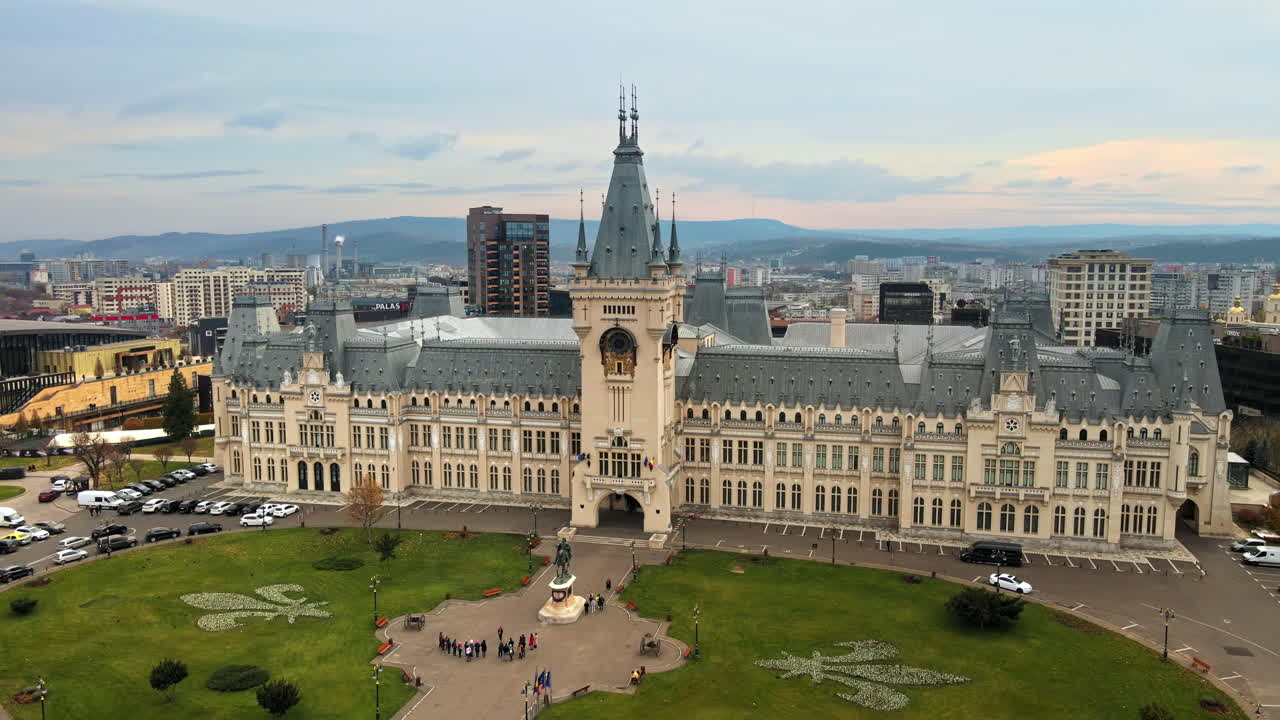 Aerial drone view of central buildings in Iasi, Romania. Square in front of it
