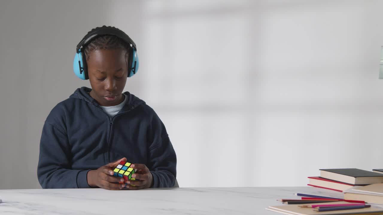 Studio Shot Of Boy On ASD Spectrum Solving Puzzle Cube Wearing Ear Defenders 3