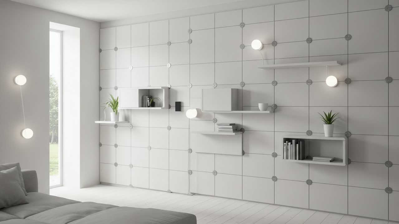 Modern Minimalist Interior Design: A Bright, Open Space Featuring White Walls, Sleek Shelving, and Elegant Lighting for a Contemporary Living Environment