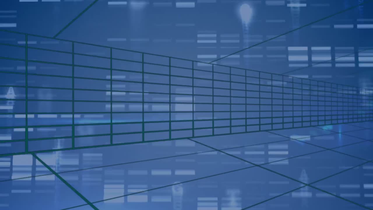 animación digital de cuadrados de mosaico y red de cuadrícula con espacio de copia sobre fondo azul