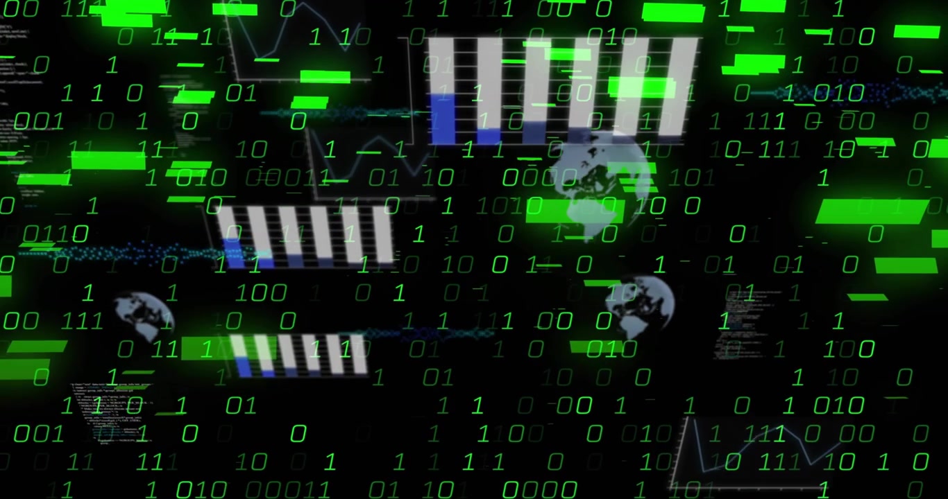 On opening binary digits drifting, charts fading, globe icons rotating, signaling data surge