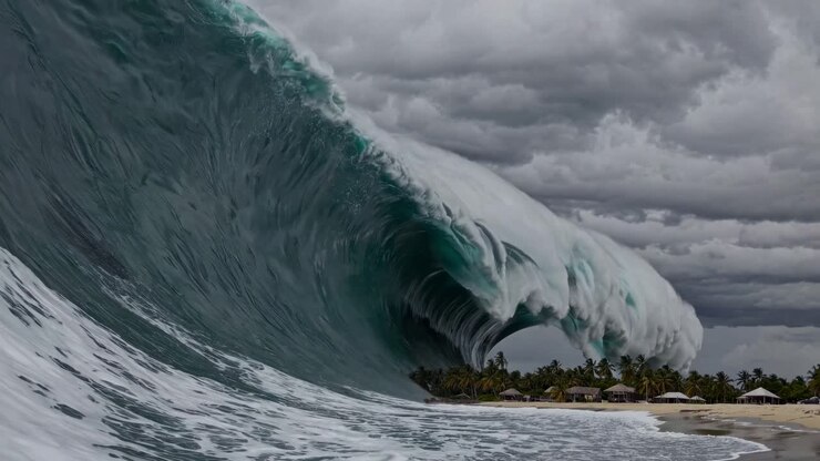 Massive ocean wave surging toward tropical island coastline, looming over palm fringed shore with cabanas under threatening cloudy sky, showcasing powerful natural force and dramatic seascape