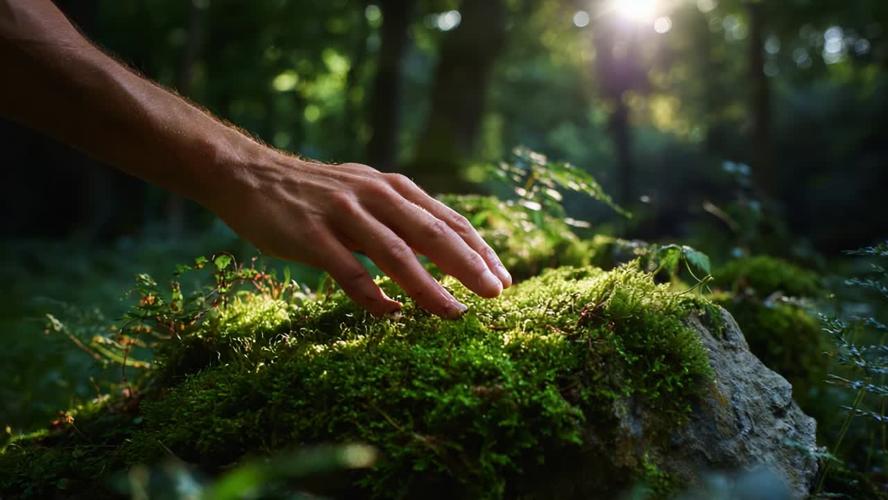 A Gentle Touch: Experiencing Nature Through Interaction with Moss in the Forest at Dawn, Highlighting the Beauty of Greenery and the Serenity of the Natural World with Sunlight Streaming Through the Trees