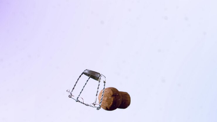White particles floating over wine cork and opener falling against grey background