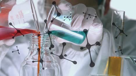 animación de moléculas sobre un científico caucásico con platos de laboratorio