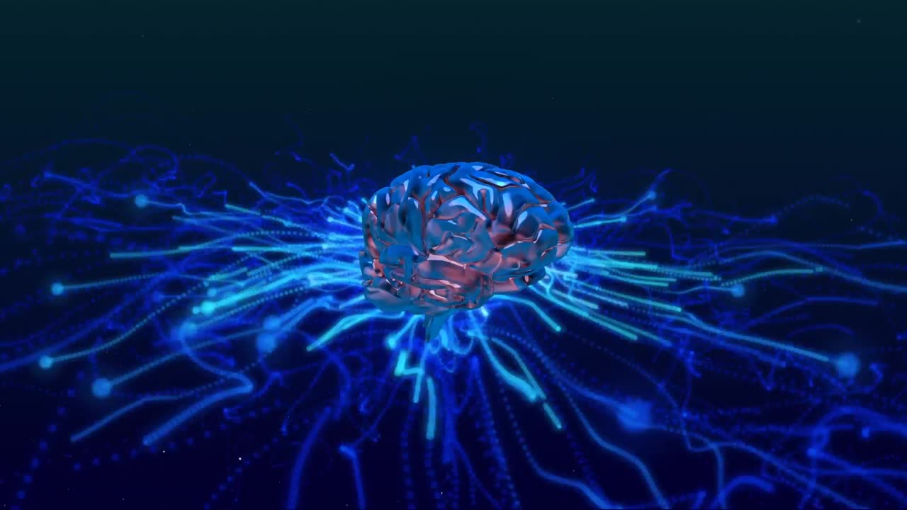 icono del cerebro humano girando sobre rastros de luz azul brillante contra un fondo negro