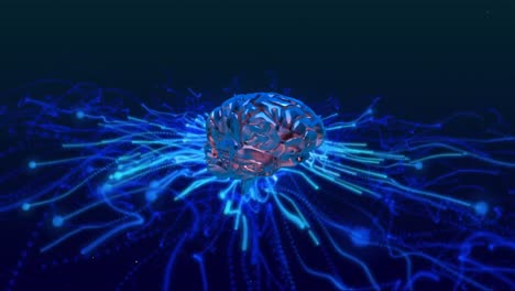 human brain icon spinning over glowing blue light trails against black background