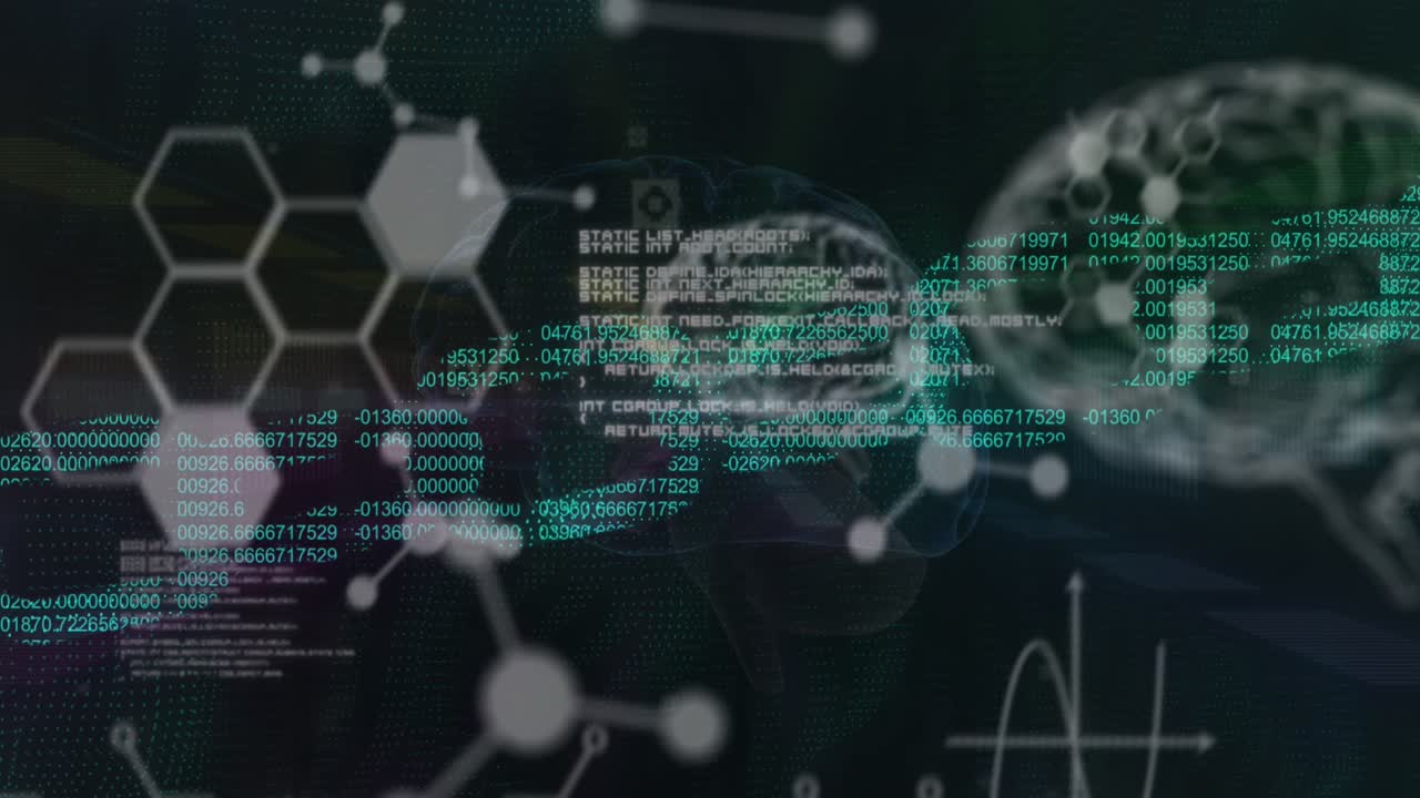 Animation of hexagons, block chain, data in black space