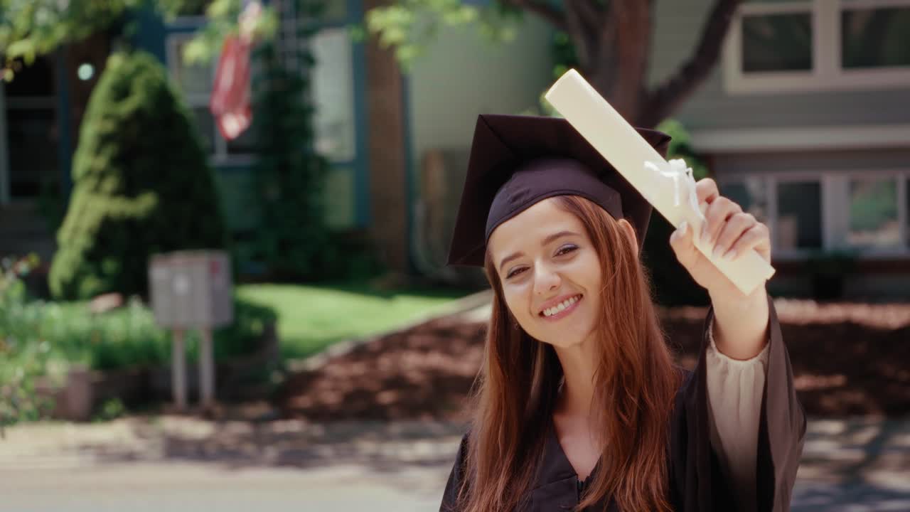 Female graduate student proudly holds up diploma with American Flag in the background.
