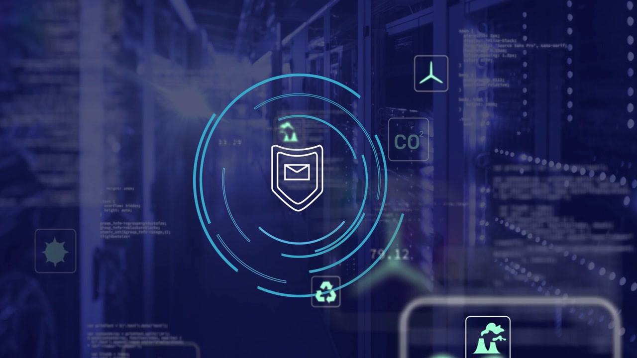 HUD icons appearing over server racks, rings rotating around shield mail showing energy metrics
