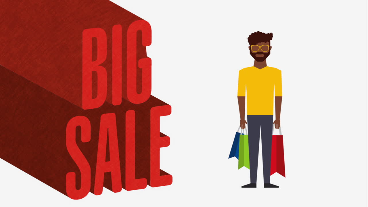 gran anuncio de venta con un hombre llevando bolsas de compras