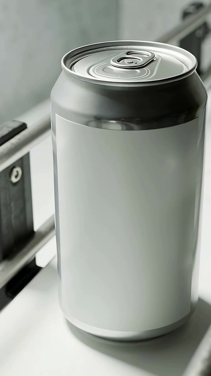 Video verticale: Lattina di alluminio vuota in movimento mentre un nastro trasportatore si avvia su una linea di produzione, mostrando la linguetta e il binario.