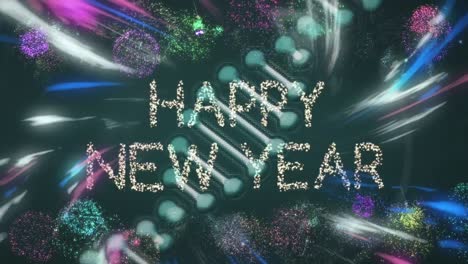 animación de feliz año nuevo sobre una cadena de adn giratoria y fuegos artificiales sobre fondo negro
