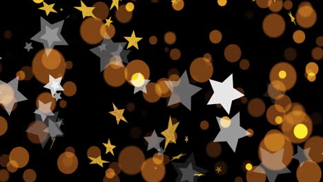 animación de estrellas doradas y blancas, manchas de luz amarillas y naranjas sobre fondo negro