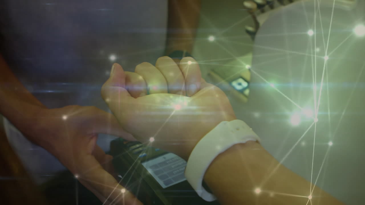 Digital network animation over person using smartwatch for payment transaction