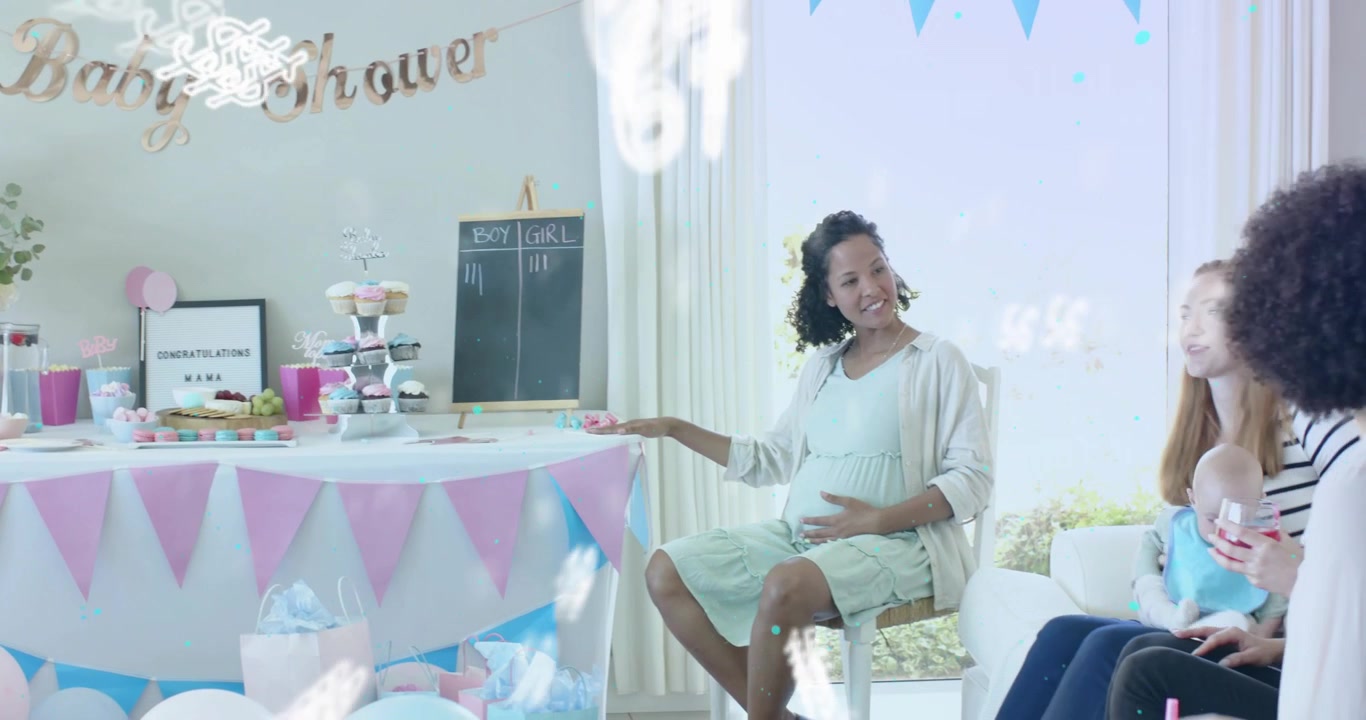 Anfitrión contando marcas en una pizarra de Niño|Niña para una revelación de género en un baby shower con confeti flotando.