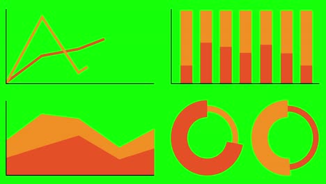 conjunto de infografías animadas. animación de cuatro gráficos y gráficos diferentes en color naranja aislados sobre fondo verde.
