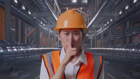 close up of asian female engineer with safety helmet making shh gesture while standing with metal pipes