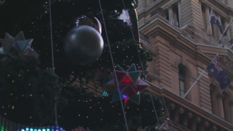 close up of a huge christmas tree ornaments on a tree in melbourne city centre