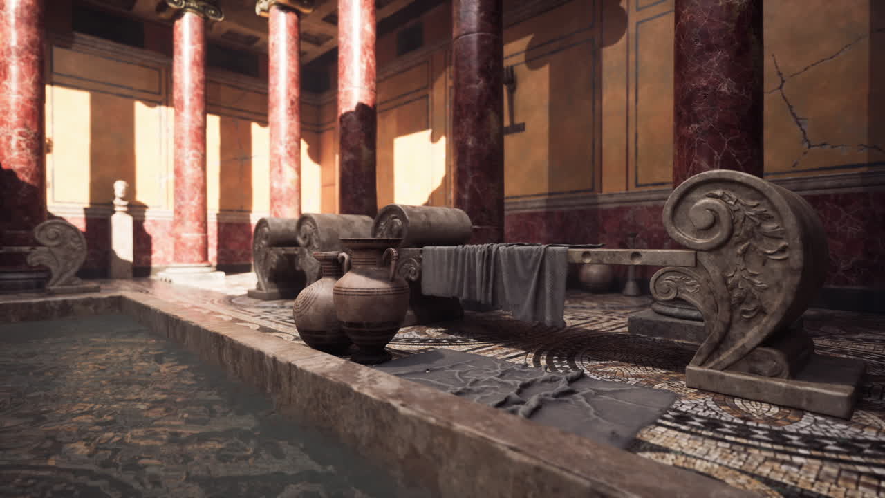 Ancient roman bathhouse features ornate columns and decorative details