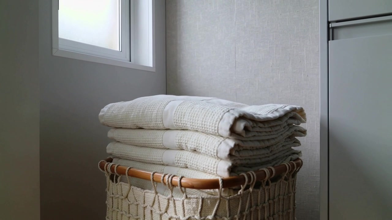Coperte di maglia piegate che si assestano su un cesto in macramè vicino a una finestra satinata, con una corrente d'aria che ne solleva un angolo.