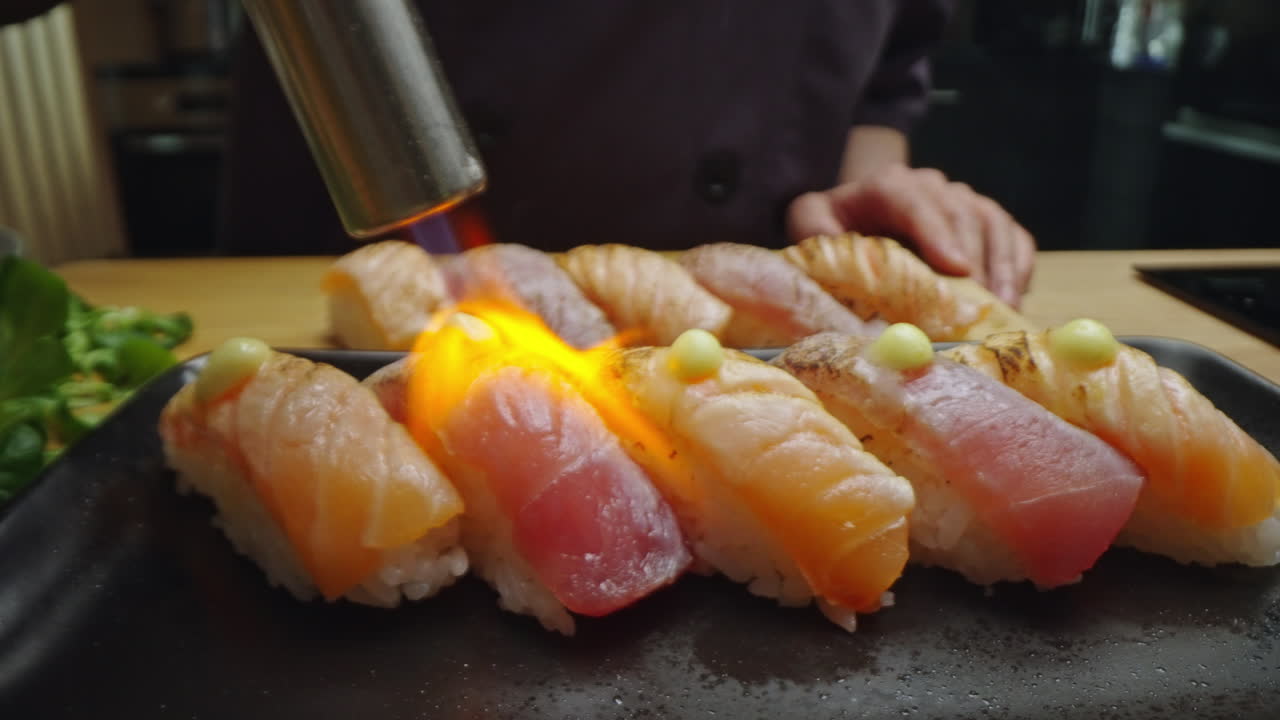 Sushi nigiri being torched