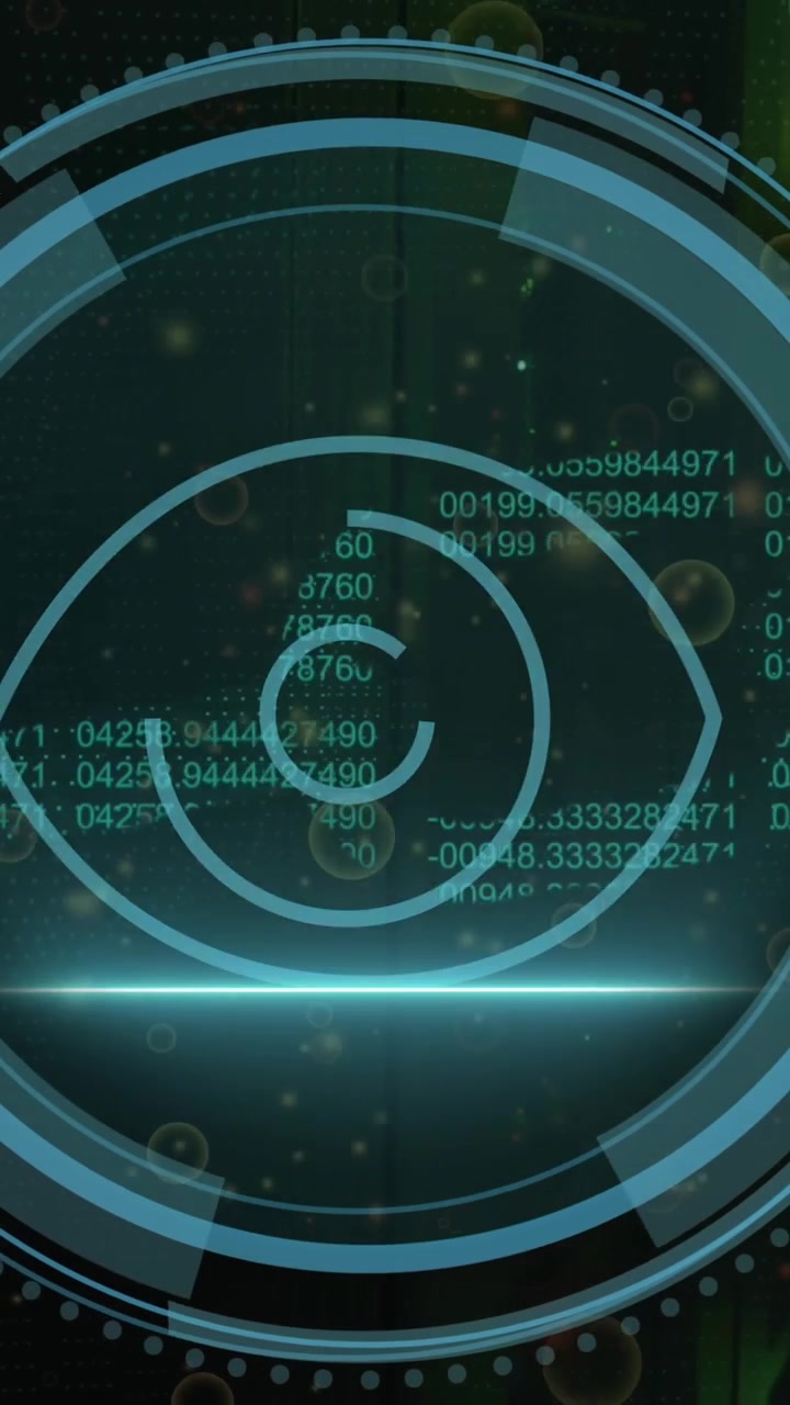 Animation of retina eye scanner and security chain icon against computer server room