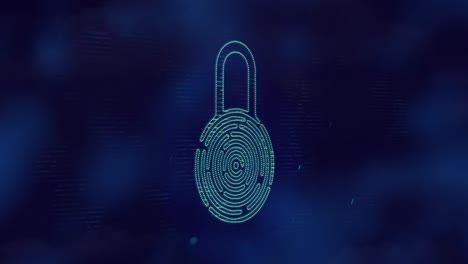 Animation-of-biometric-padlock,-network-of-connections-with-icons-on-blue-background