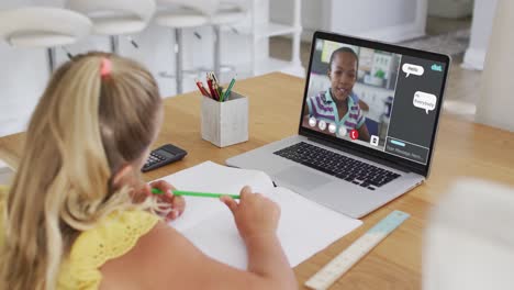 schulmädchen mit laptop für online-lektion zu hause, mit ihrem kollegen und web-chat auf dem bildschirm