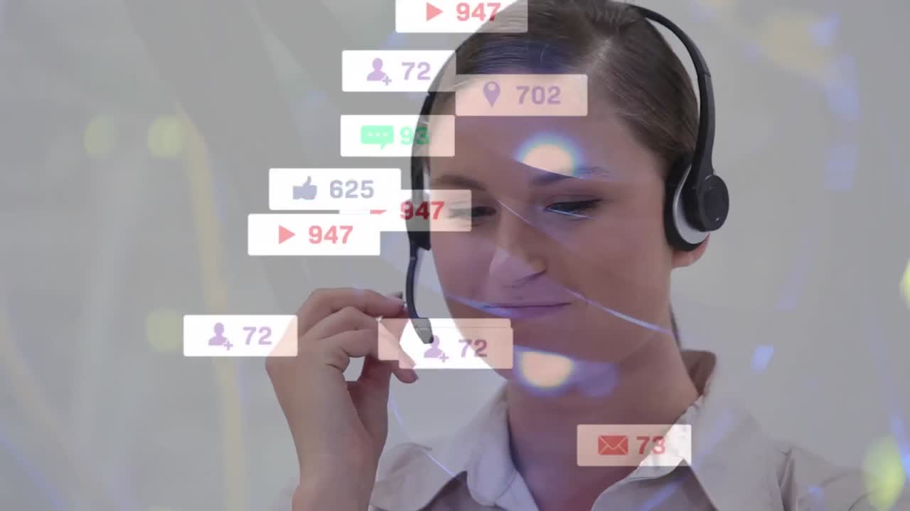 animación de iconos sobre una mujer de negocios con auriculares