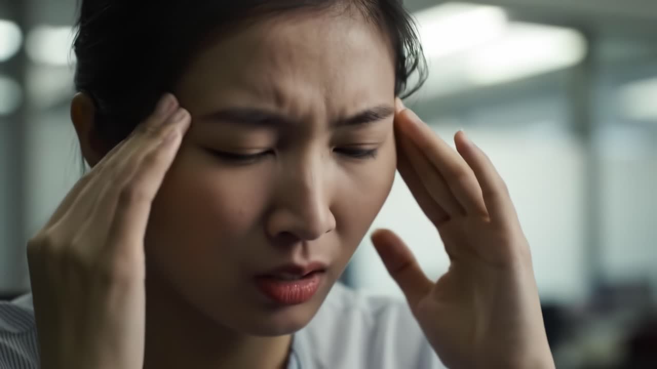 A woman shows clear signs of stress while working in a busy office. She holds her head in distress and appears overwhelmed, highlighting the need for stress relief methods.