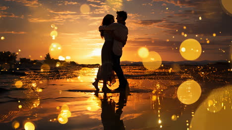 couple dancing together at sunset on a beach with sparkling lights