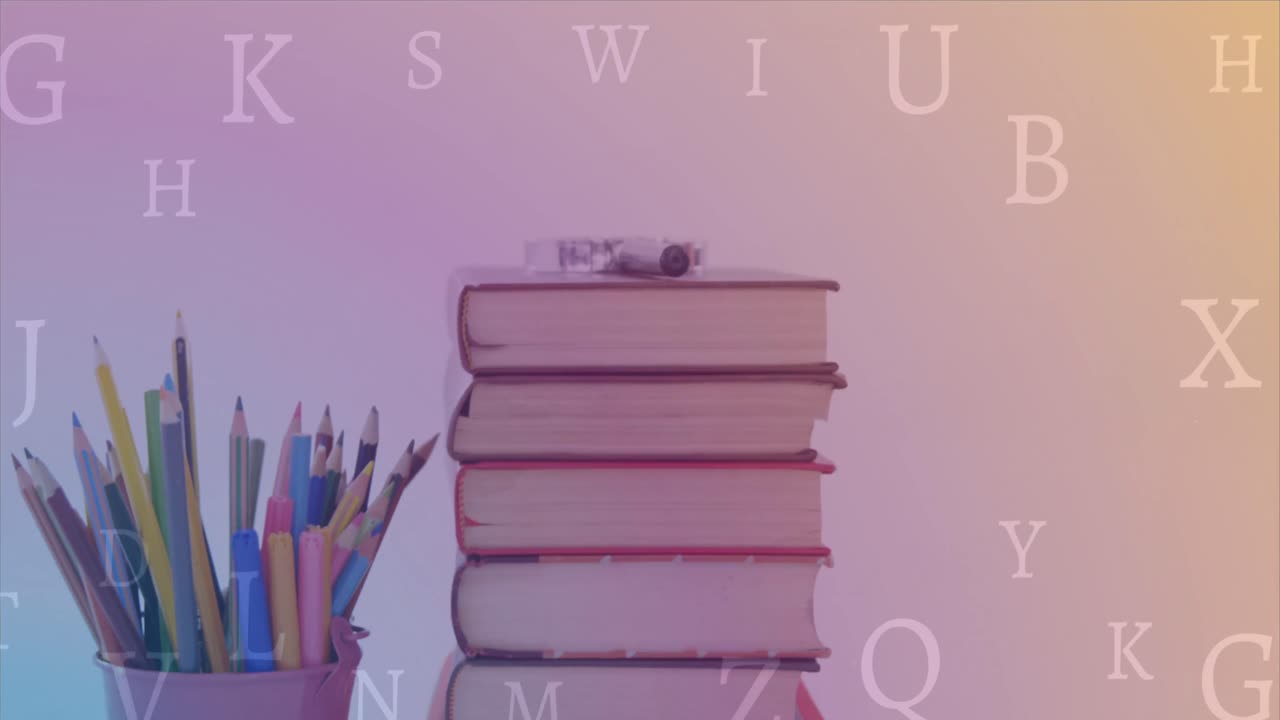 Animace školních pomůcek a knih nad písmeny