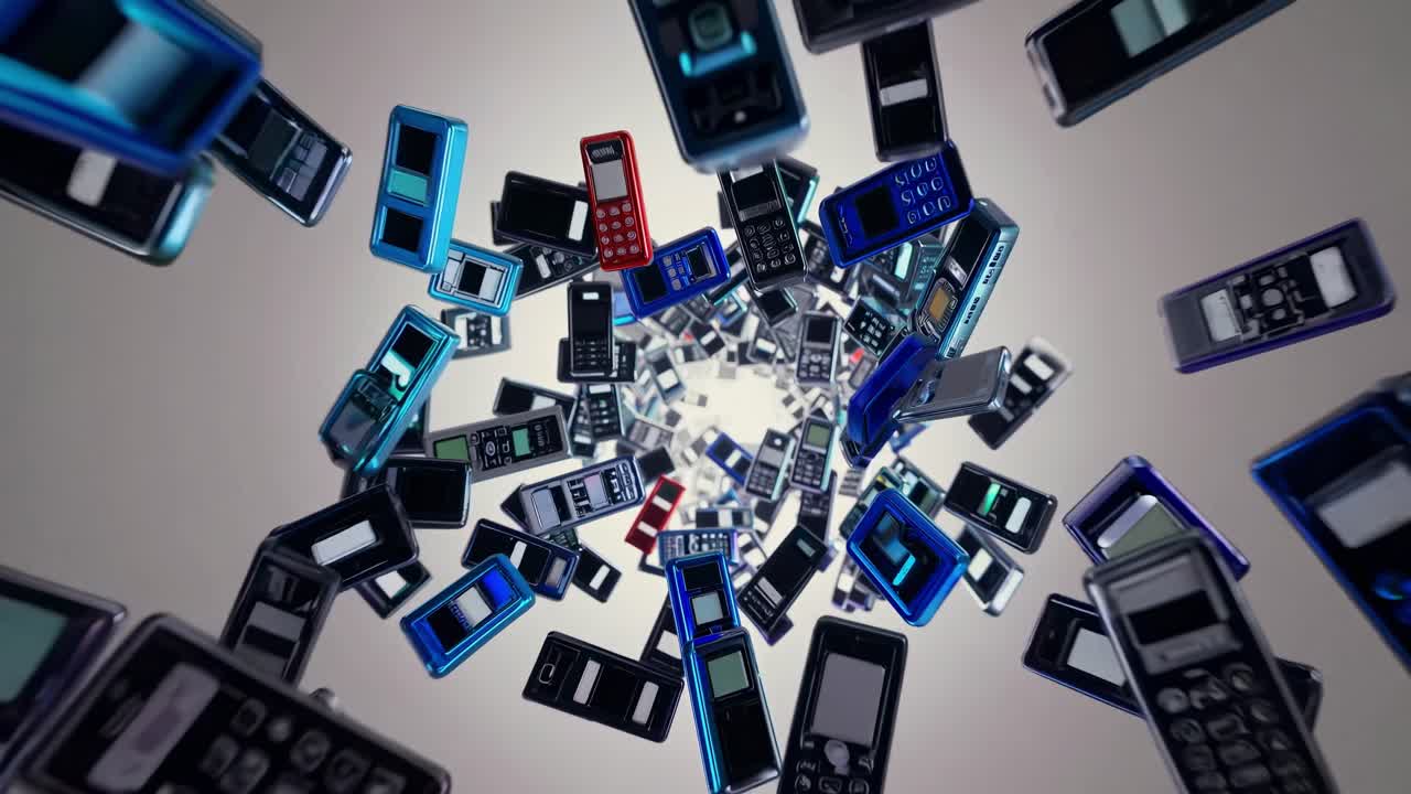 Dynamic spiral of colorful mobile phones swirling in a vortex, showcasing a captivating motion sequence of technology and design in continuous flow